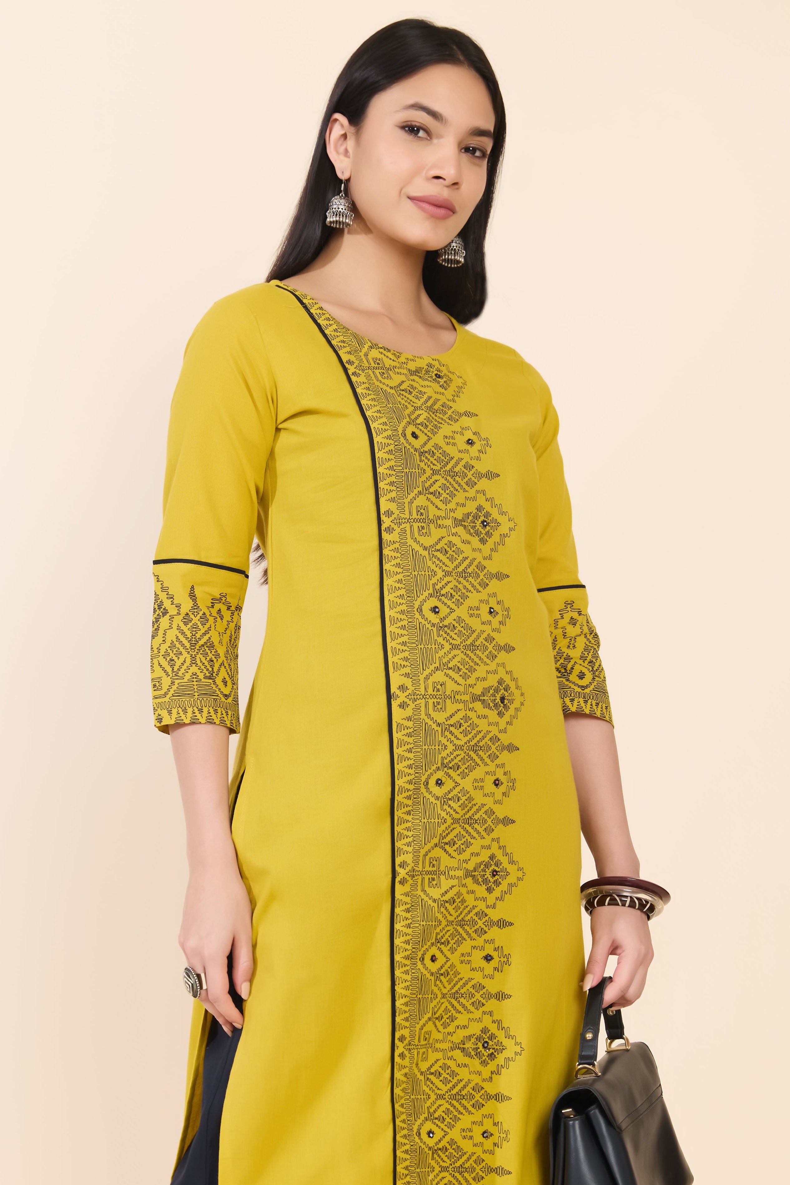 MUSTARD EMBROIDERED COTTON KURTA