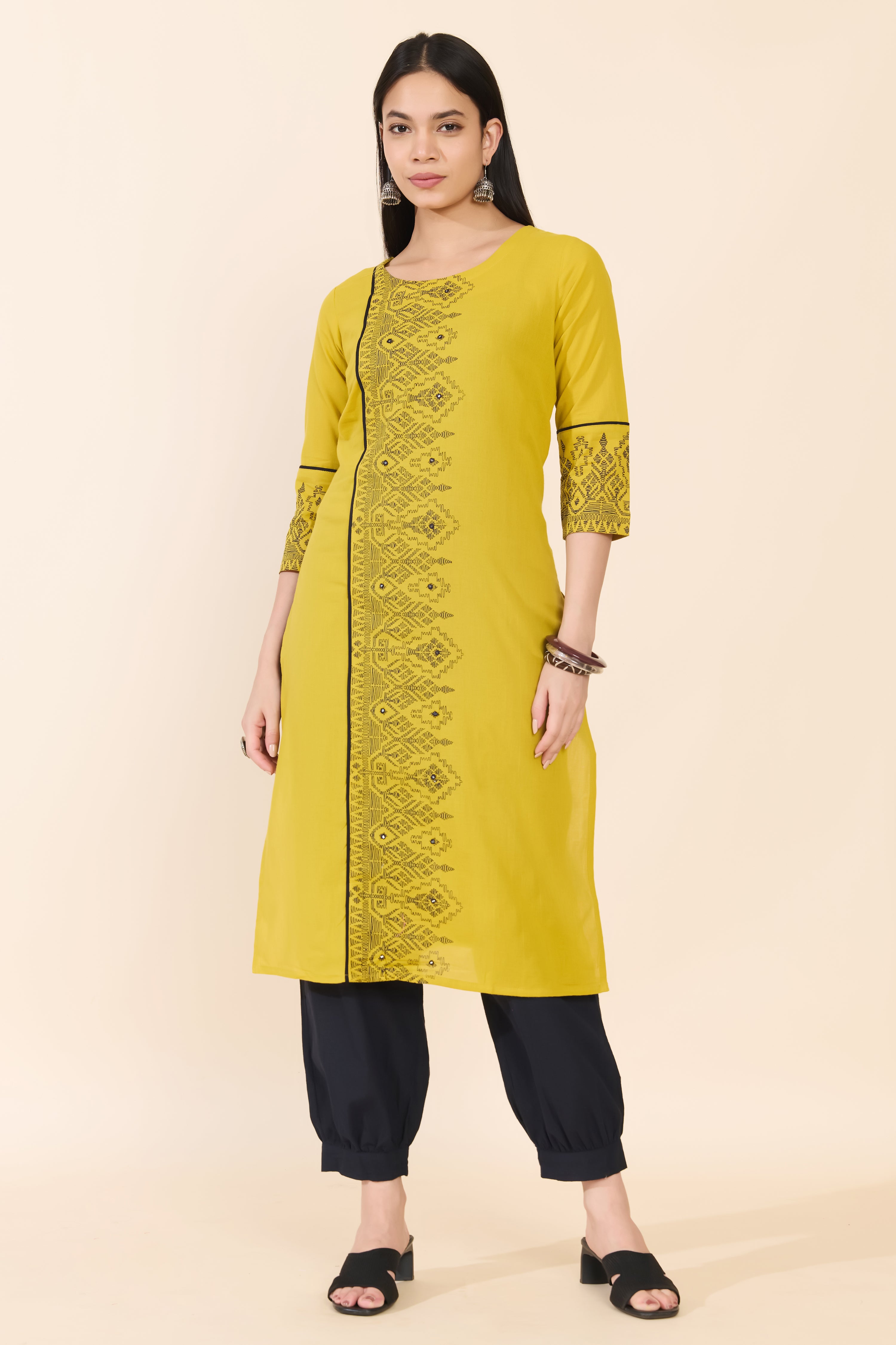 MUSTARD EMBROIDERED COTTON KURTA