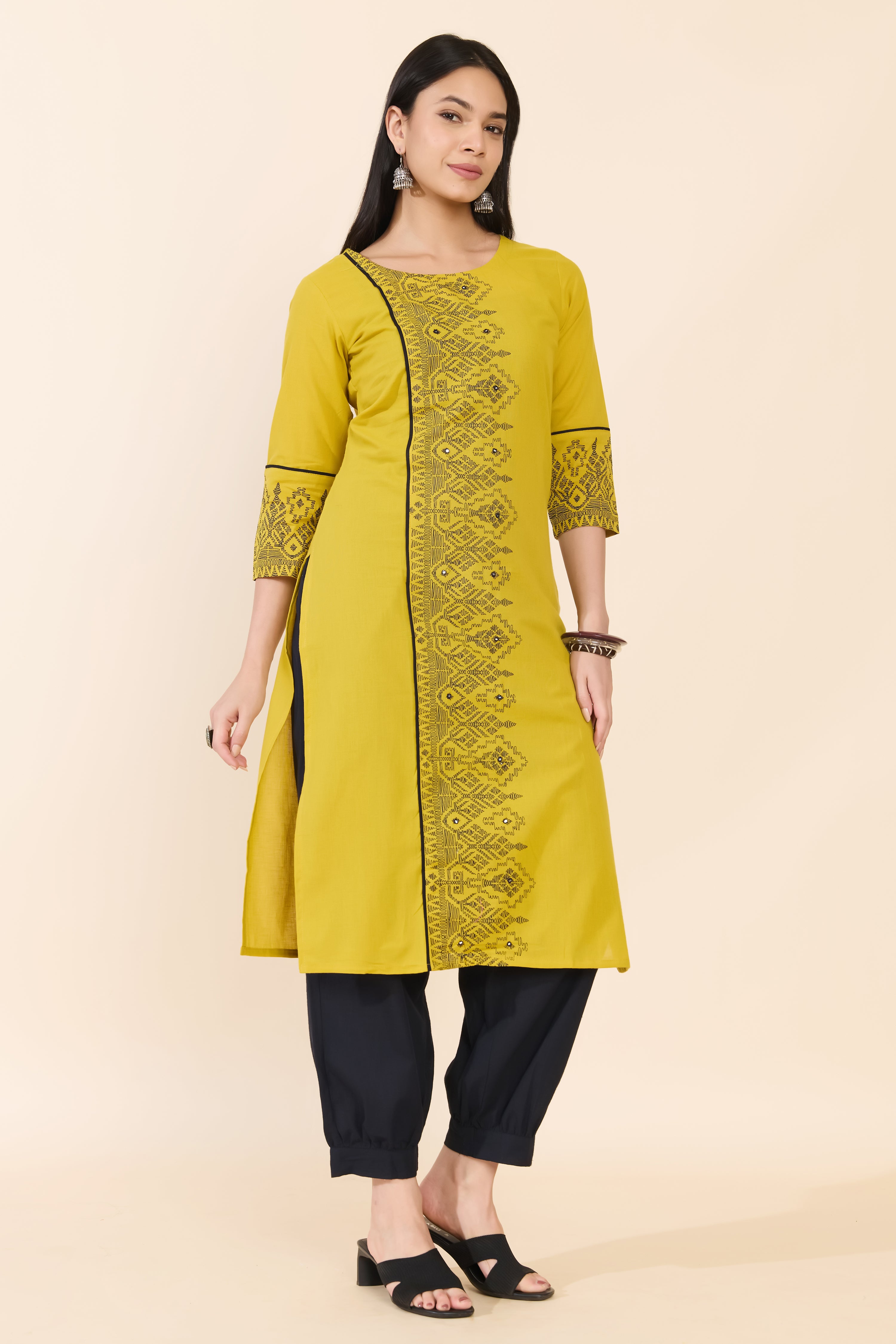 MUSTARD EMBROIDERED COTTON KURTA