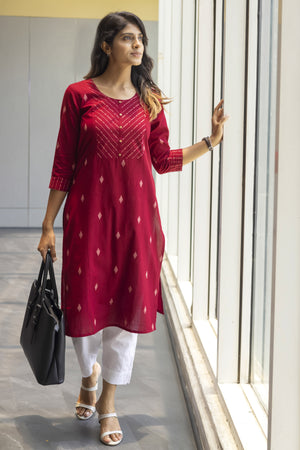 Dobby Weave Cotton Maroon Kurta