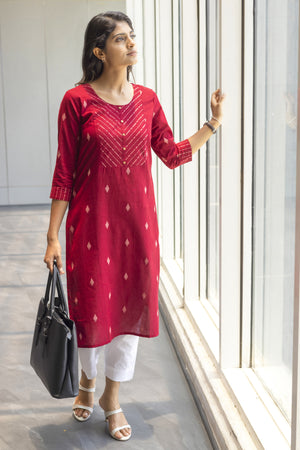 Dobby Weave Cotton Maroon Kurta