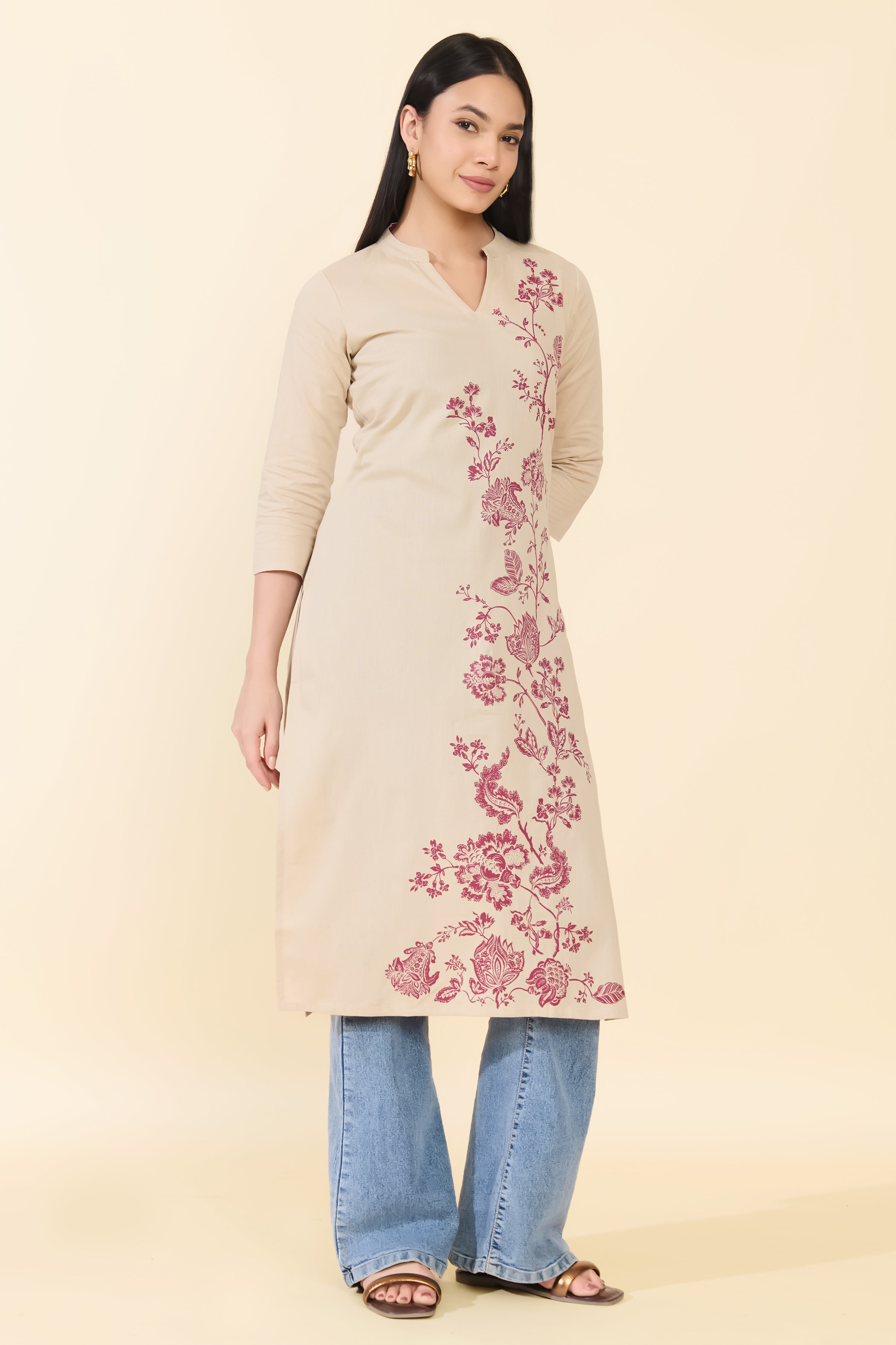 BEIGE FLORAL PRINTED COTTON KURTA