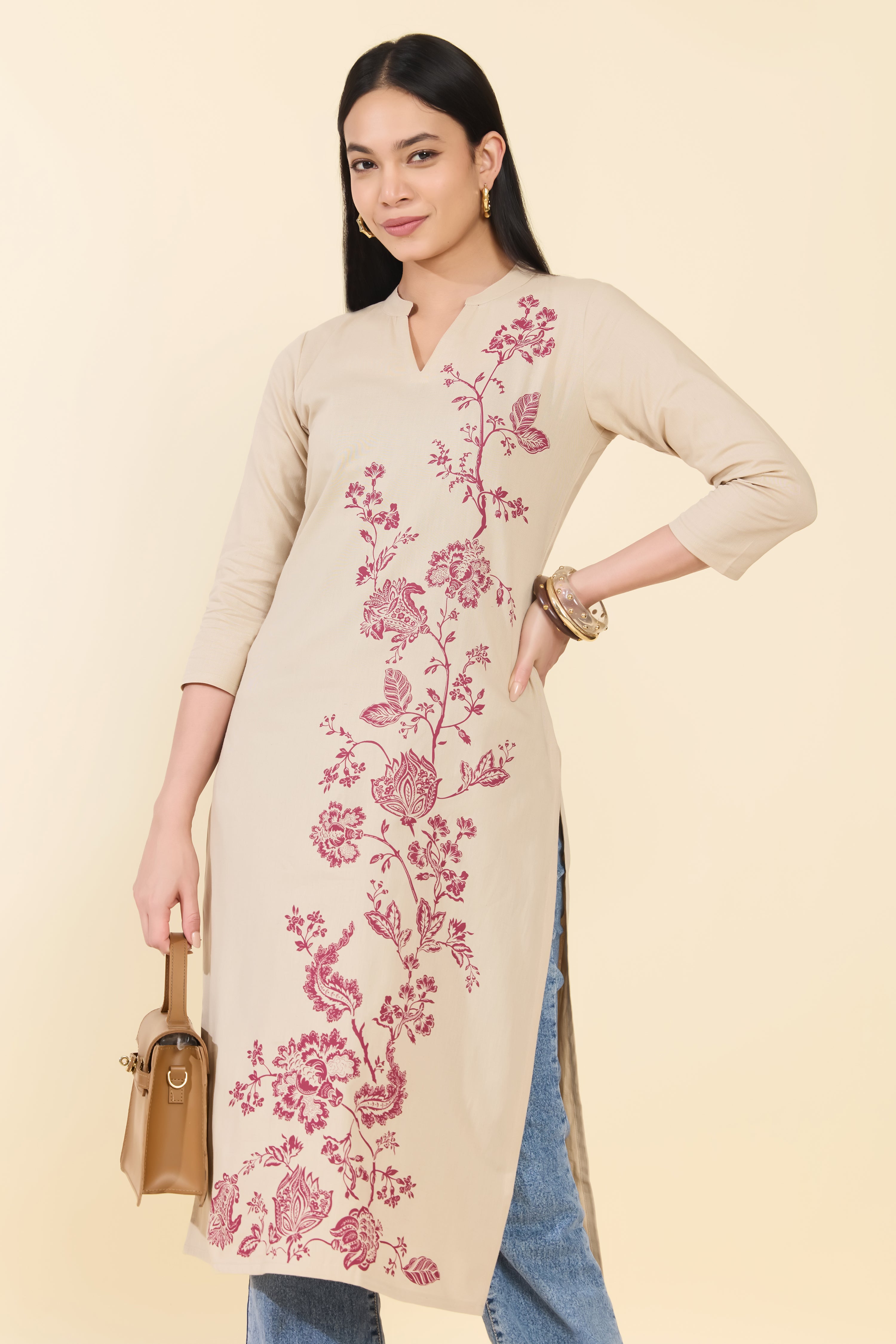 BEIGE FLORAL PRINTED COTTON KURTA
