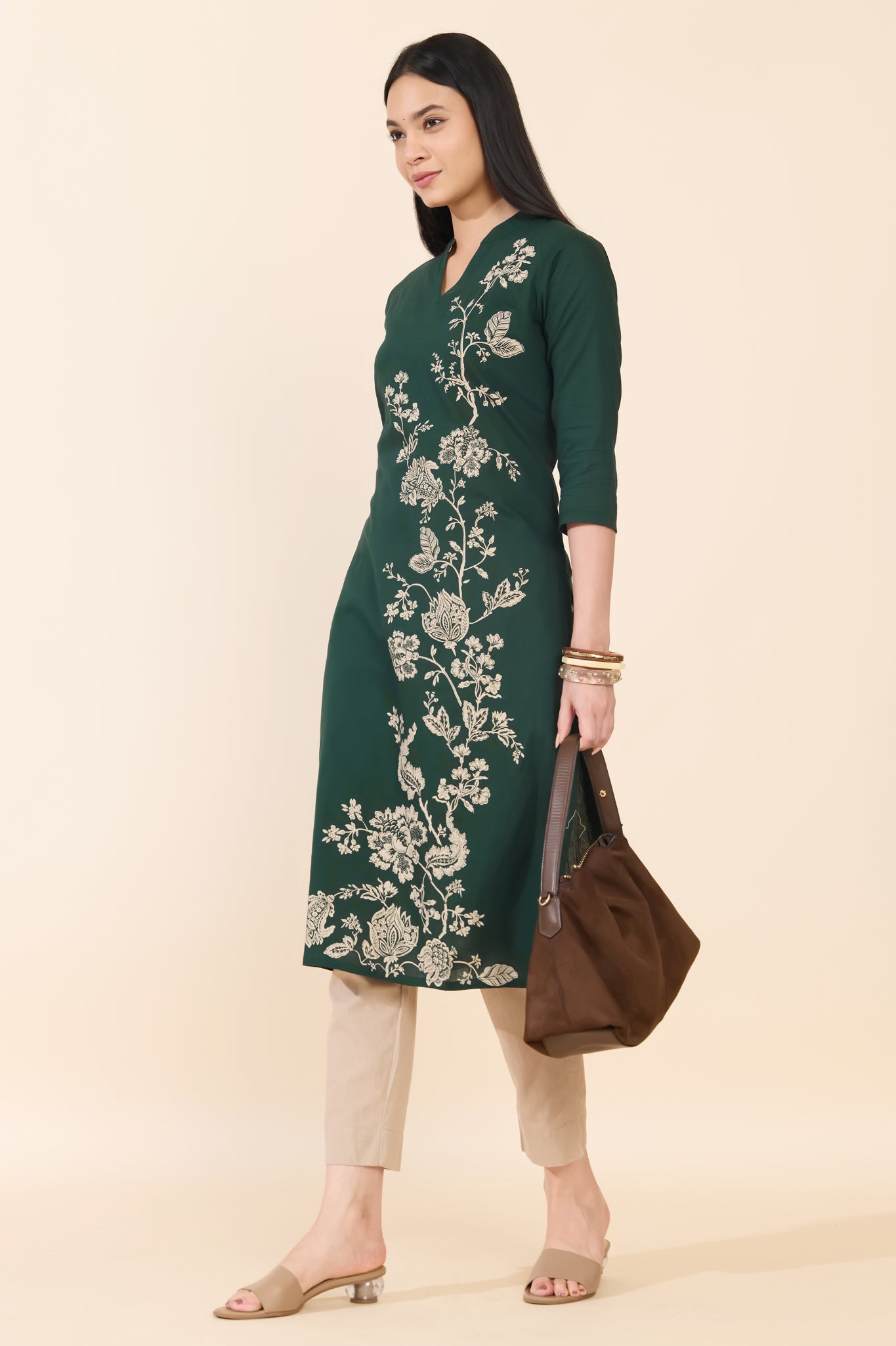 GREEN FLORAL PRINTED COTTON KURTA