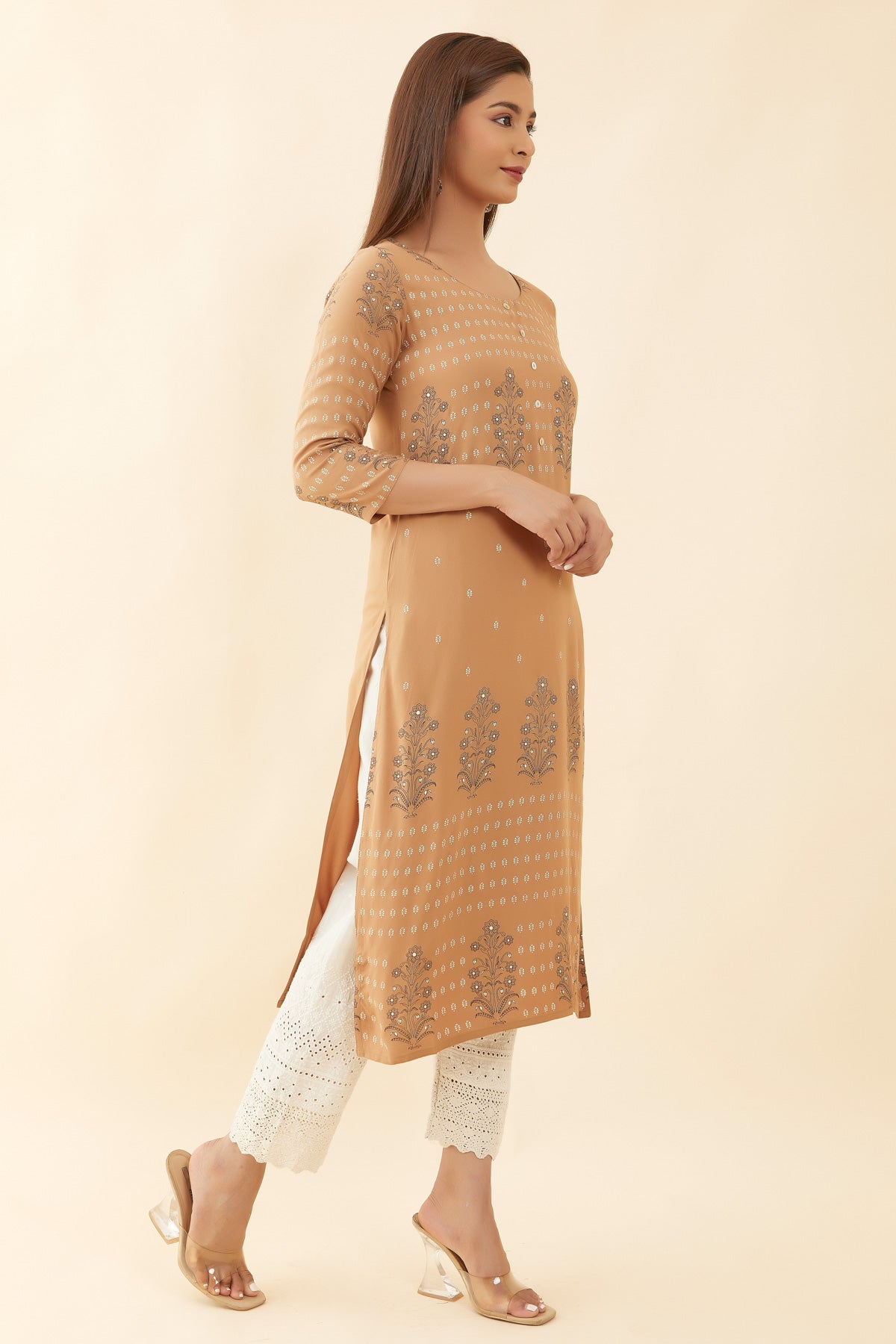 All Over Damask Floral Print Kurta Brown