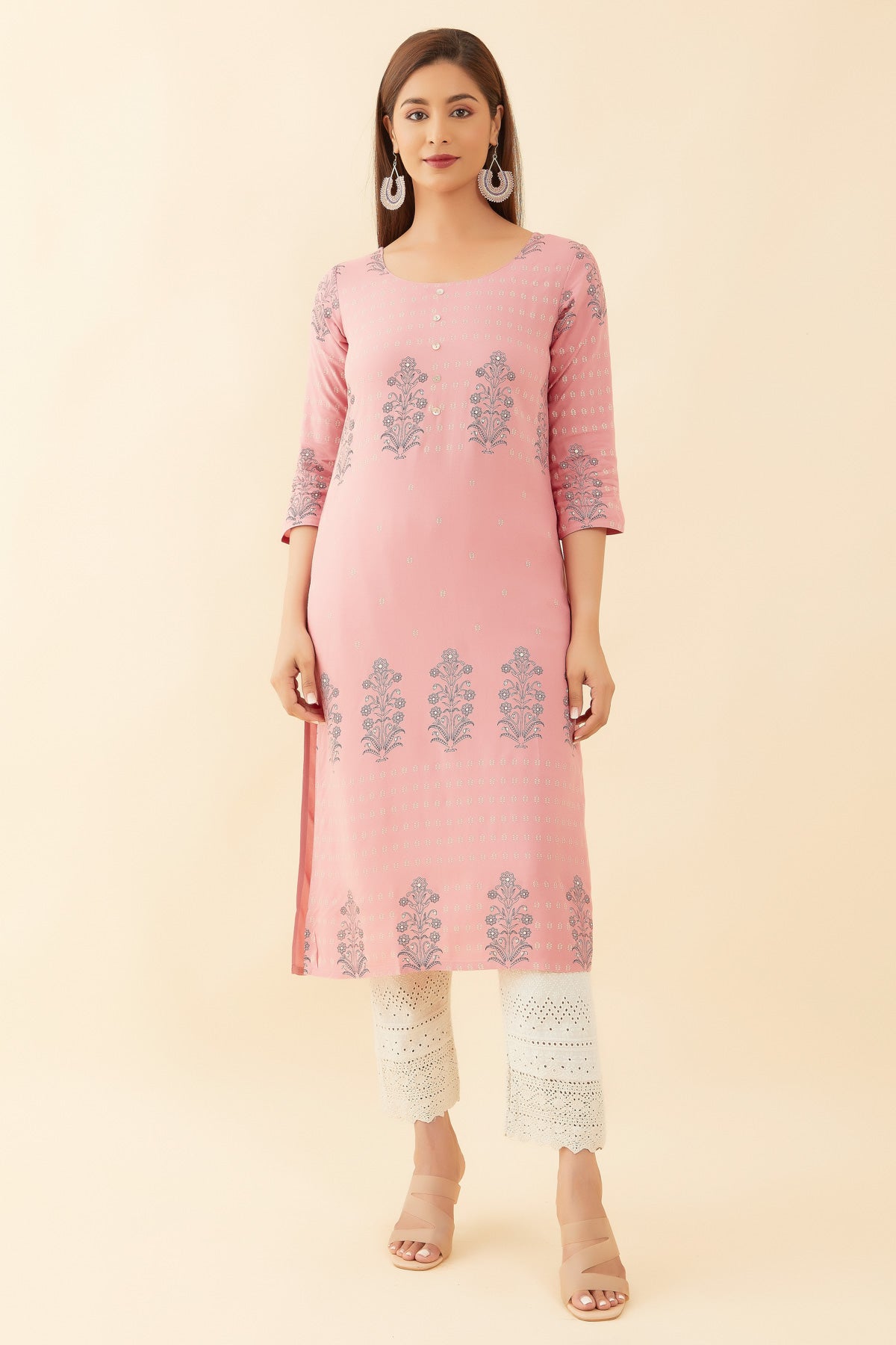 All Over Damask Floral Print Kurta Pink