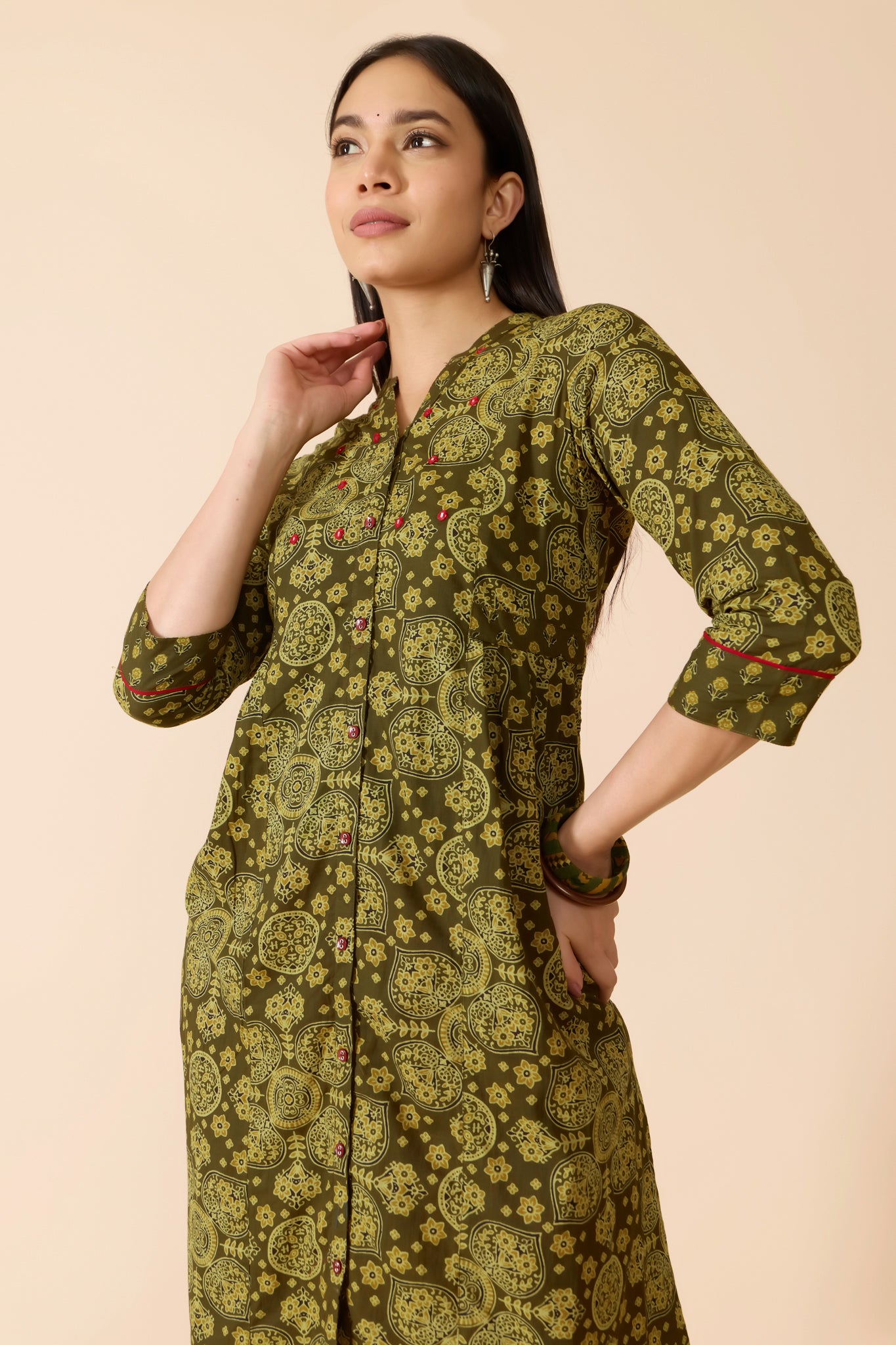 OLIVE GREEN PRINTED COTTON KURTA
