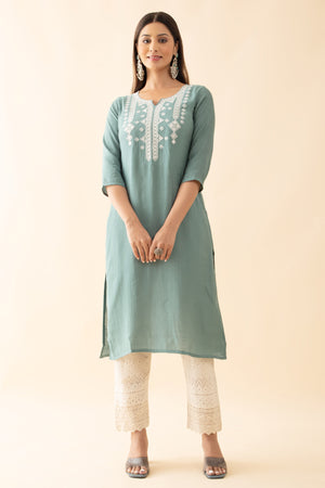 Embroidered Kurta with Foil Mirror Details - Light Turquoise