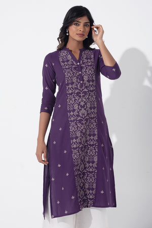 Floral Line Printed Purple Cotton Kurta