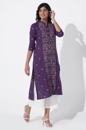 Floral Line Printed Purple Cotton Kurta