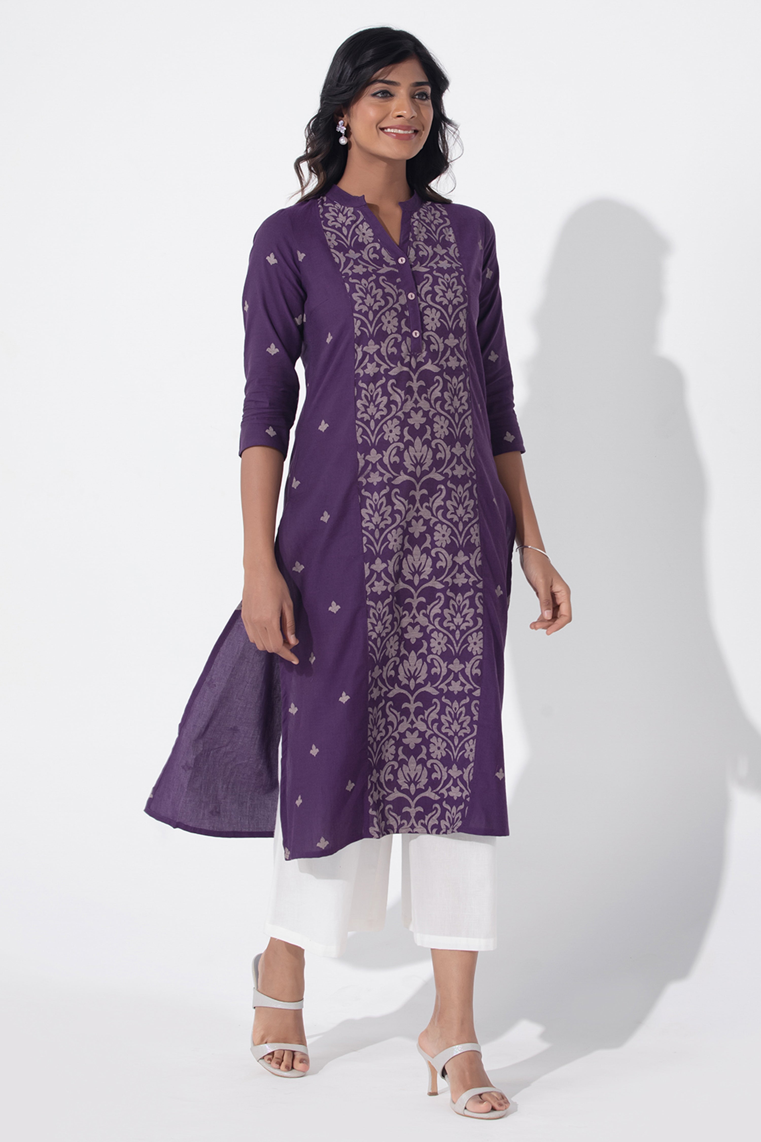 Floral Line Printed Purple Cotton Kurta