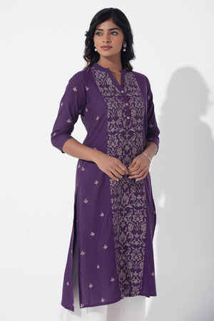 Floral Line Printed Purple Cotton Kurta