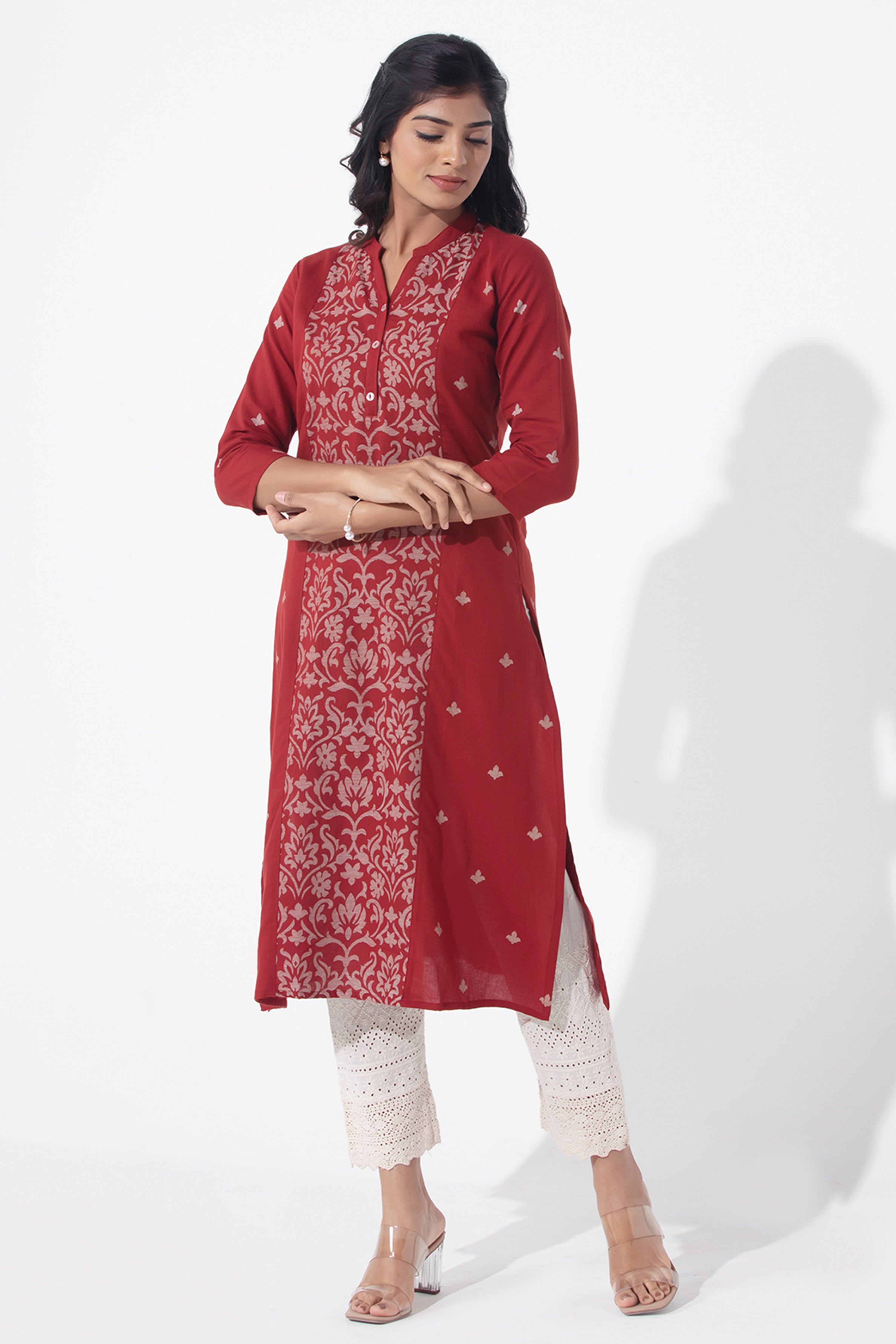 Floral Line Printed Red Cotton Kurta