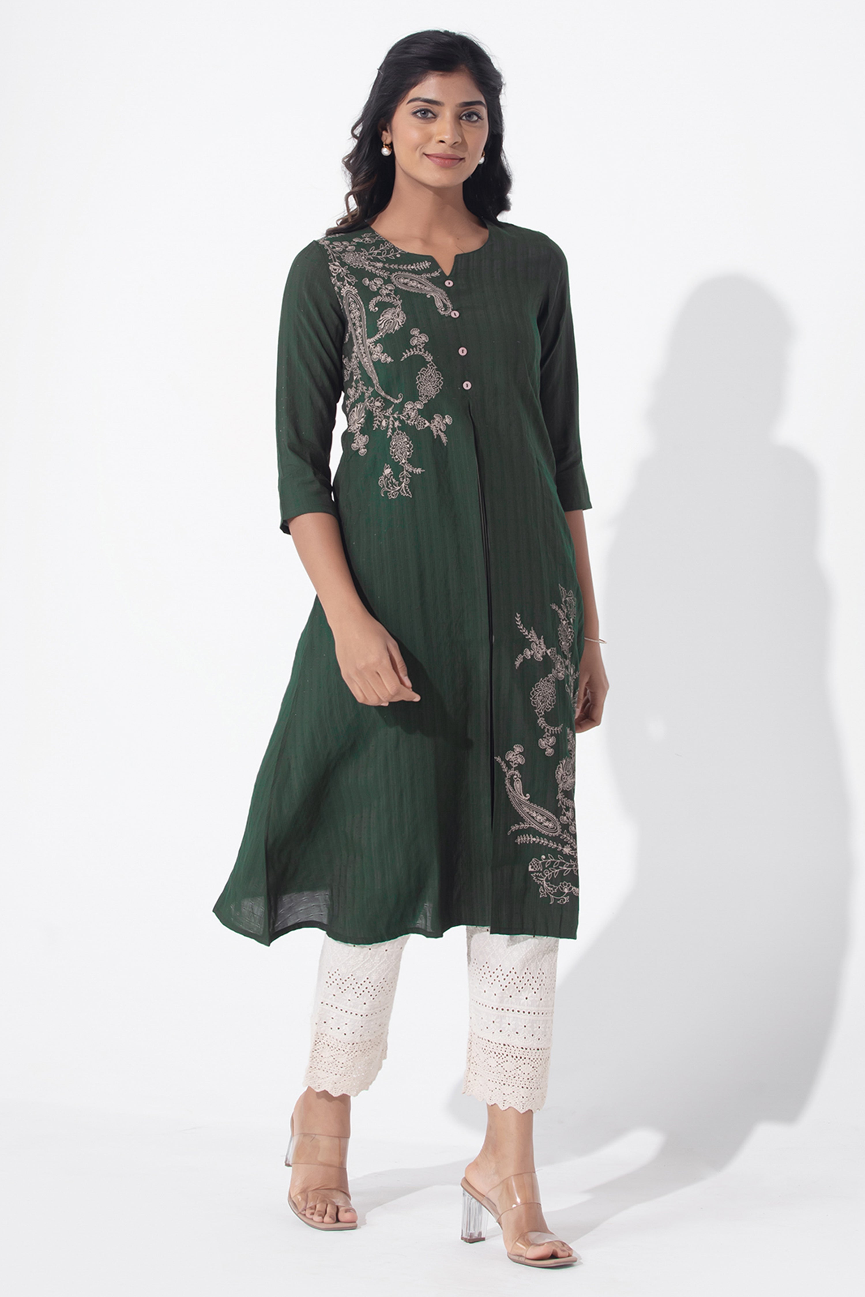 Paisley Printed A-Line Green Dobby Kurta