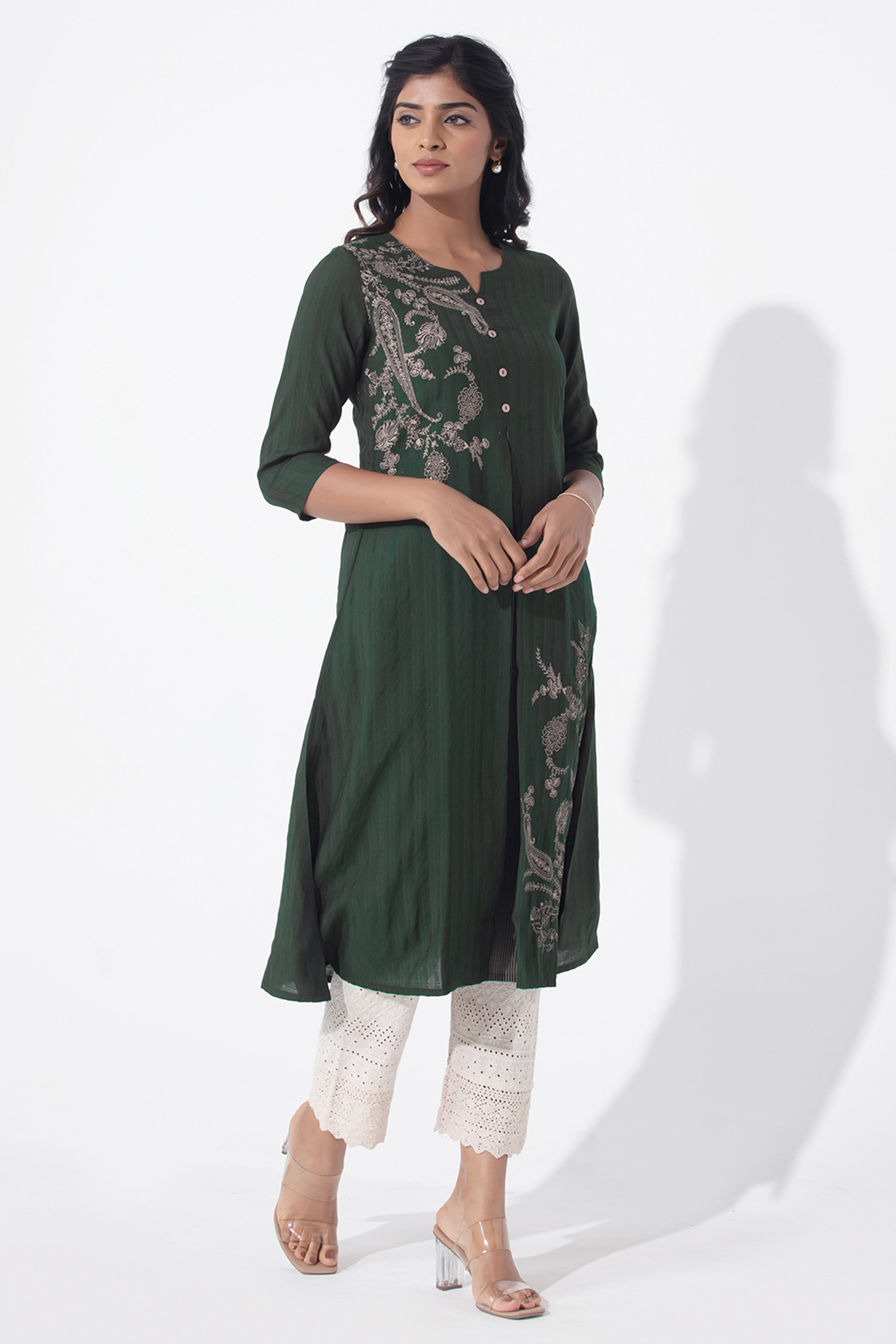 Paisley Printed A-Line Green Dobby Kurta