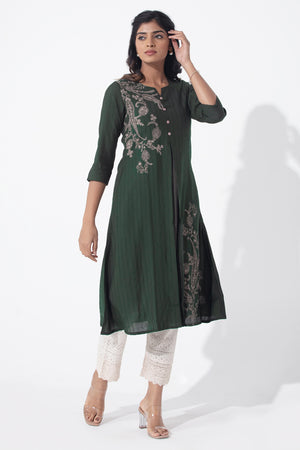 Paisley Printed A-Line Green Dobby Kurta