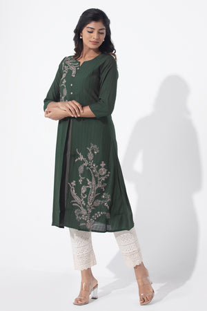 Paisley Printed A-Line Green Dobby Kurta