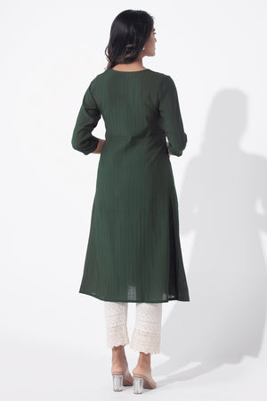 Paisley Printed A-Line Green Dobby Kurta