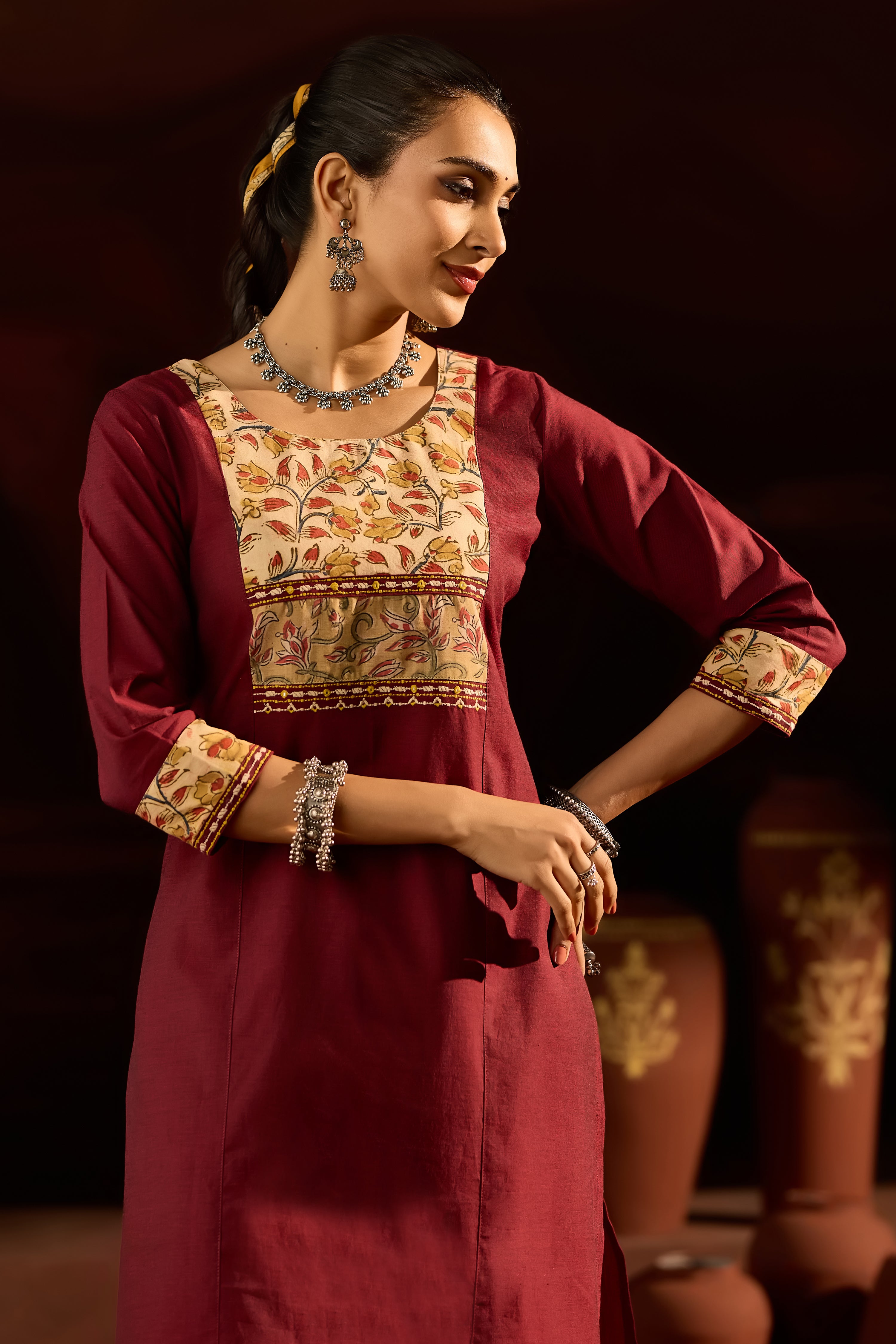 MAROON KALAMKARI YOKE STRAIGHT CUT KURTA