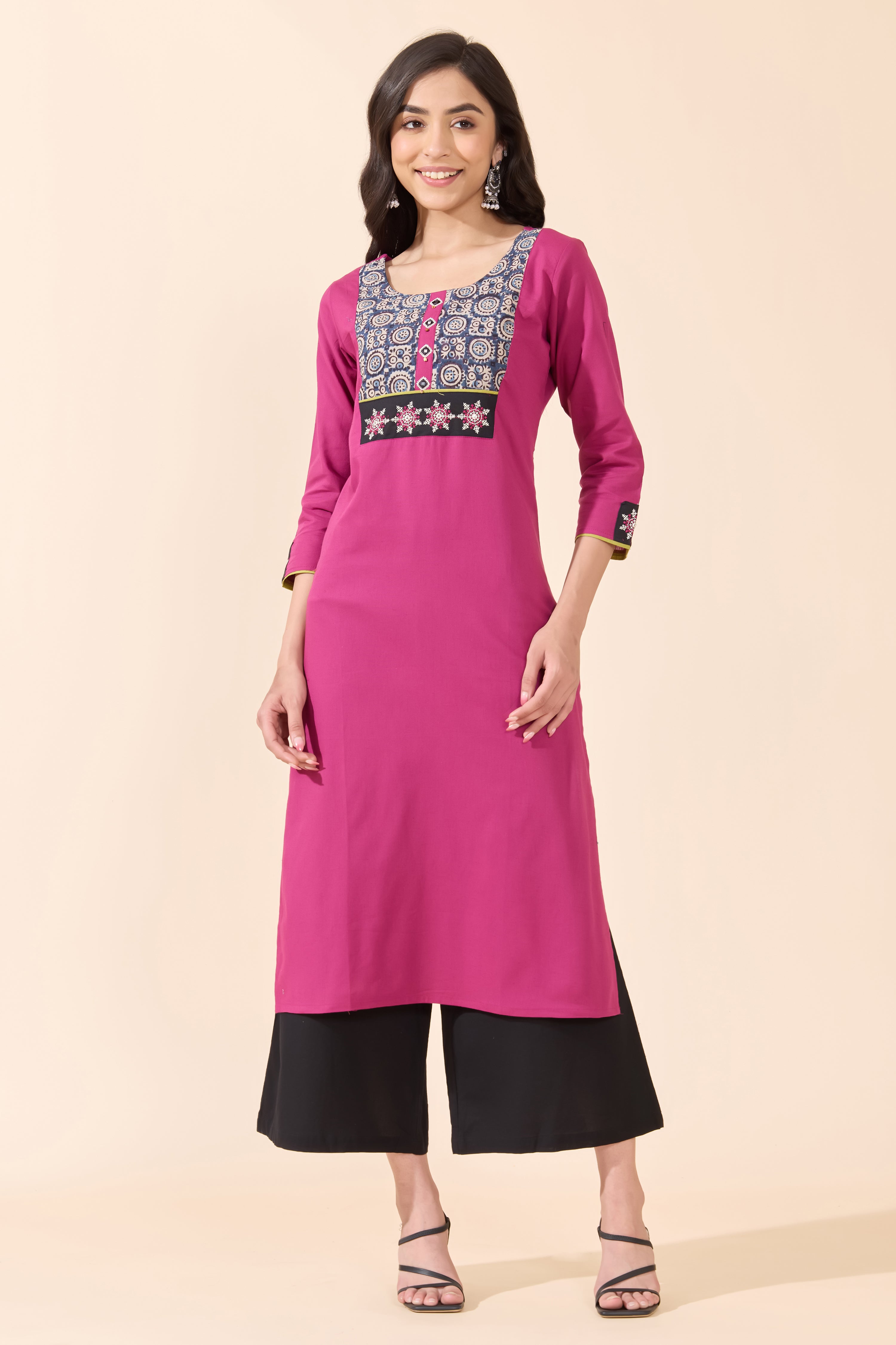 PINK STRAIGHT-CUT KURTA WITH KALAMKARI SQUARE YOKE