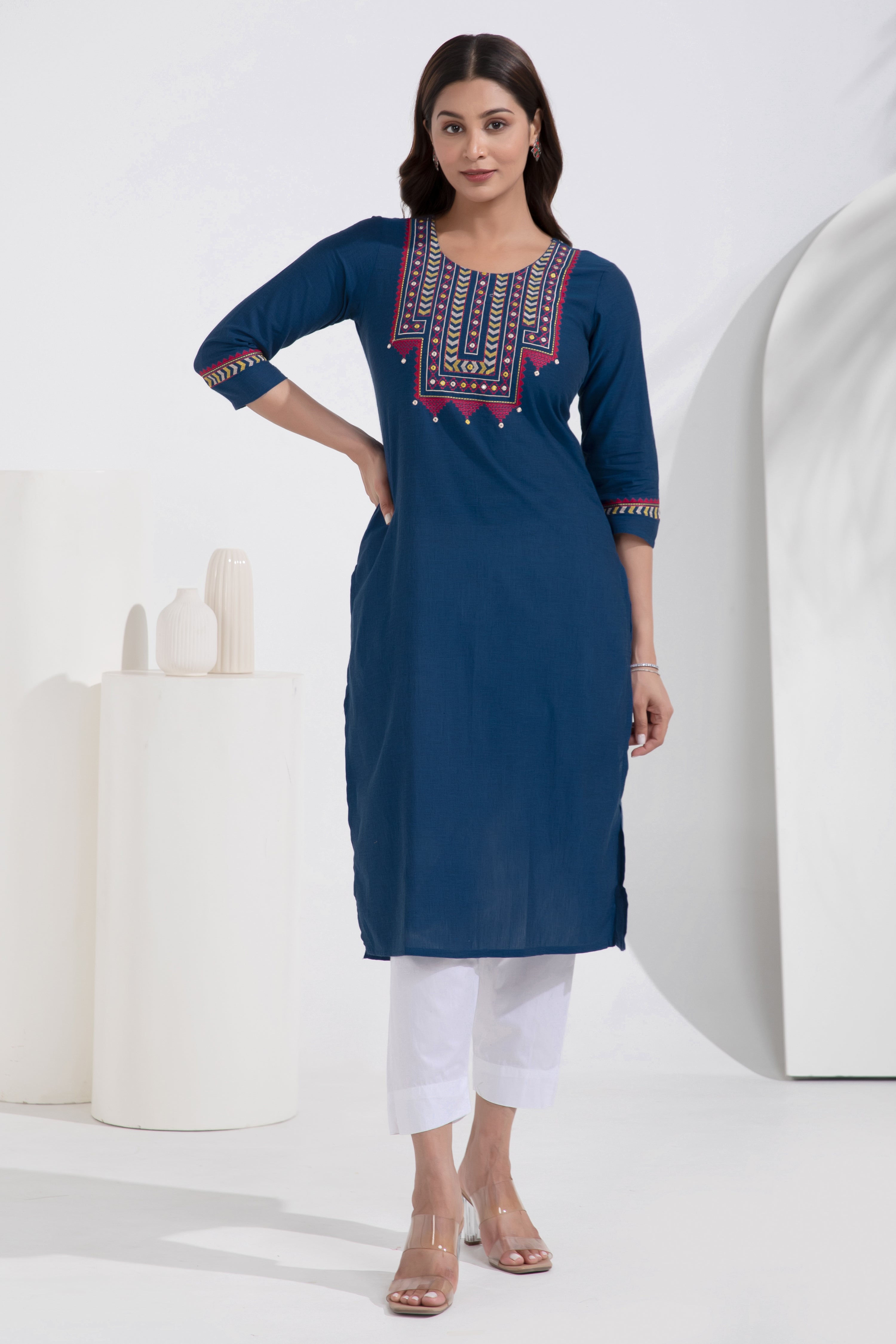 Line Embroidered Foil Mirror Embellished Navy Kurta