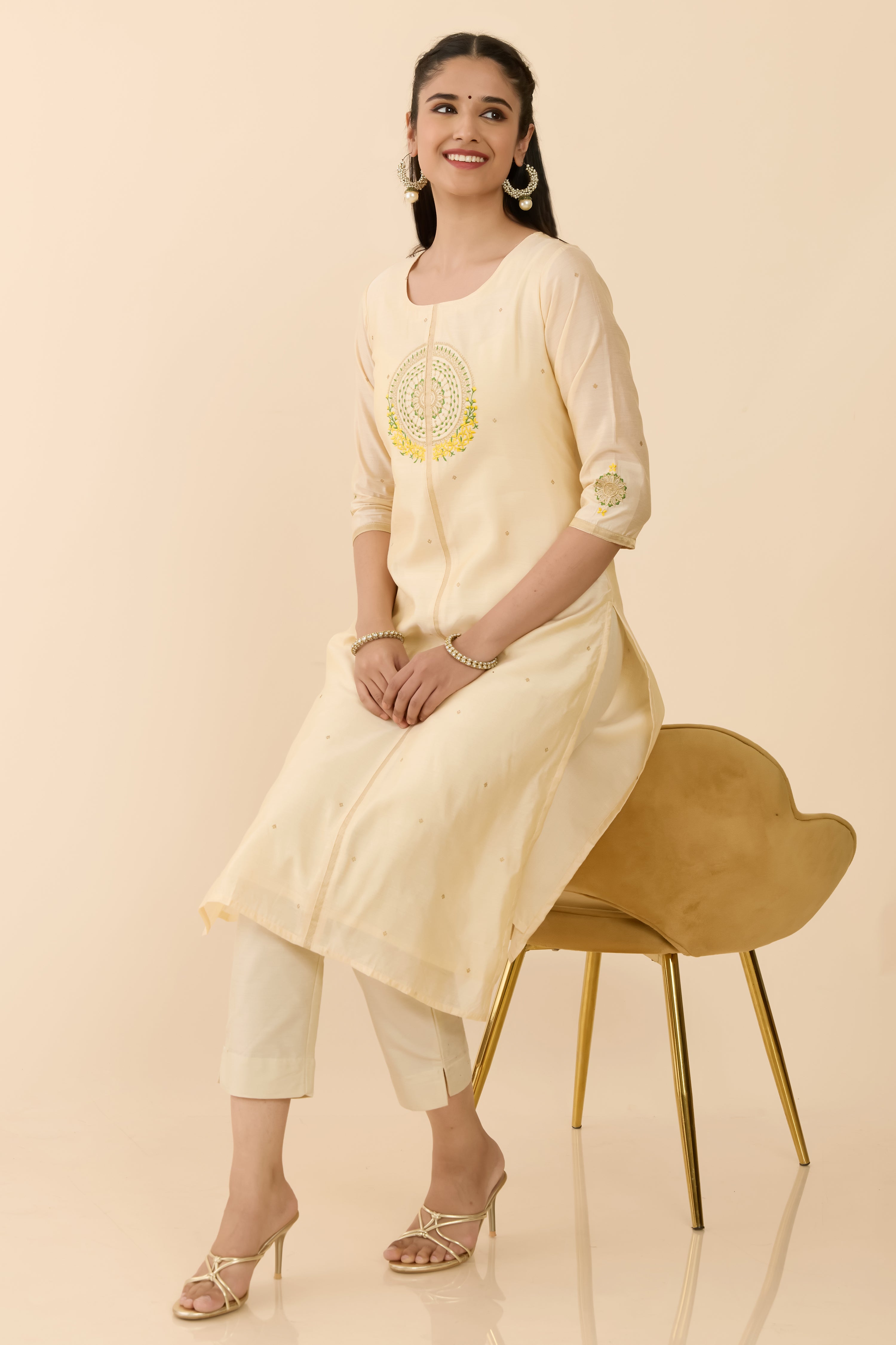 BEIGE MANDALA EMBROIDERED STRAIGHT CUT KURTA