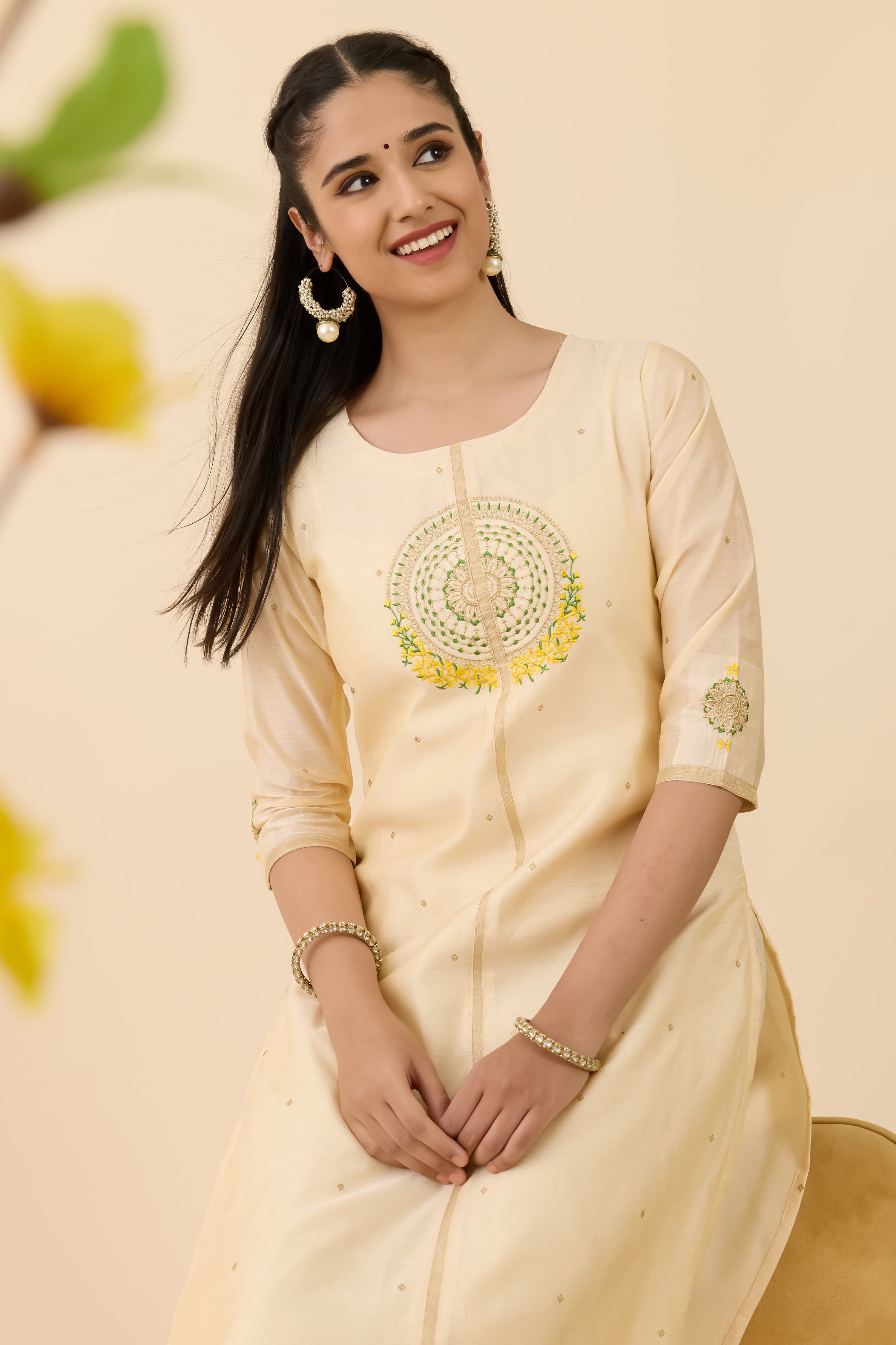 BEIGE MANDALA EMBROIDERED STRAIGHT CUT KURTA
