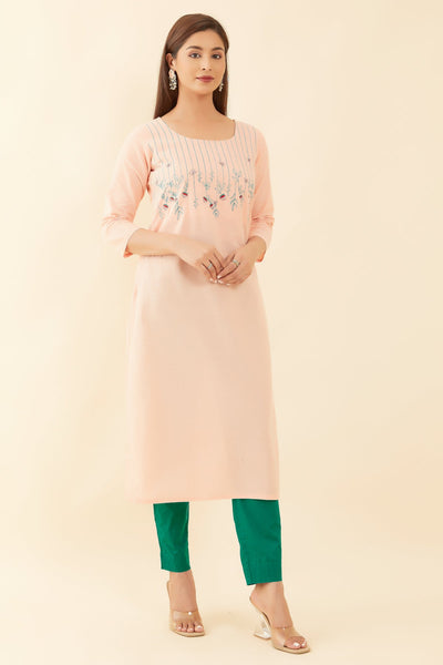 Contrast Floral Embroidered Kurta Peach