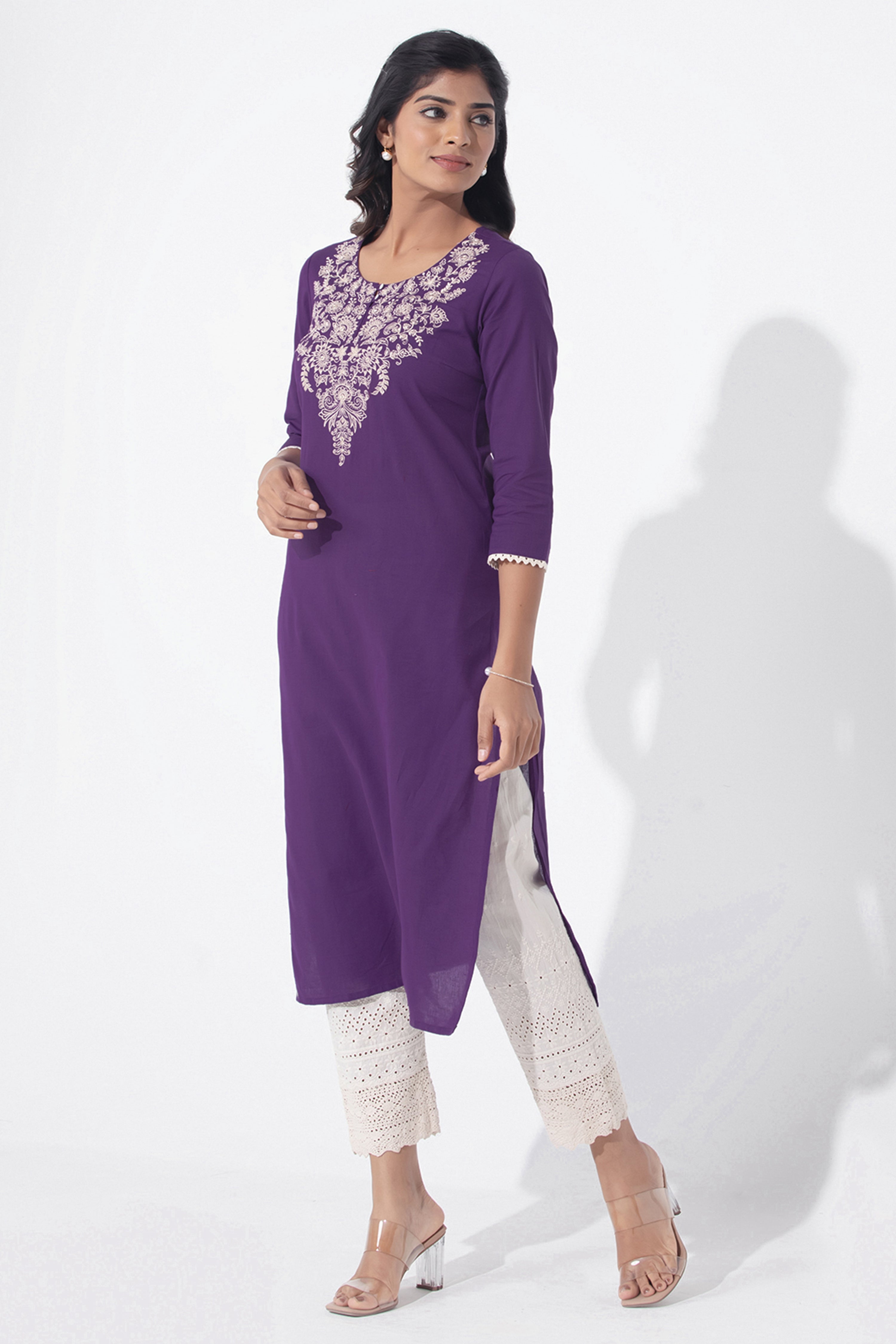Floral Embroidered Purple Linen Kurta