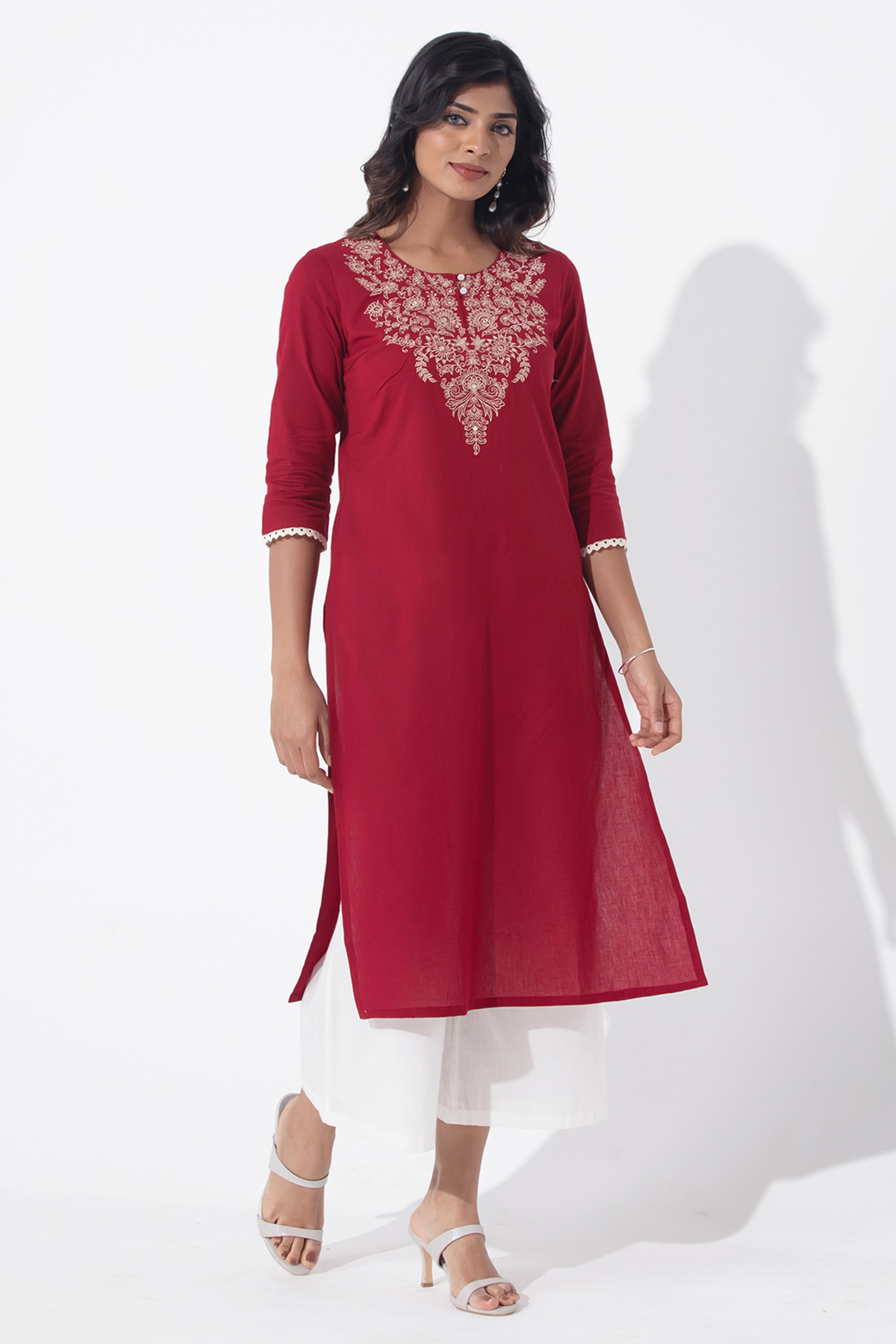 Floral Embroidered Red Linen Kurta