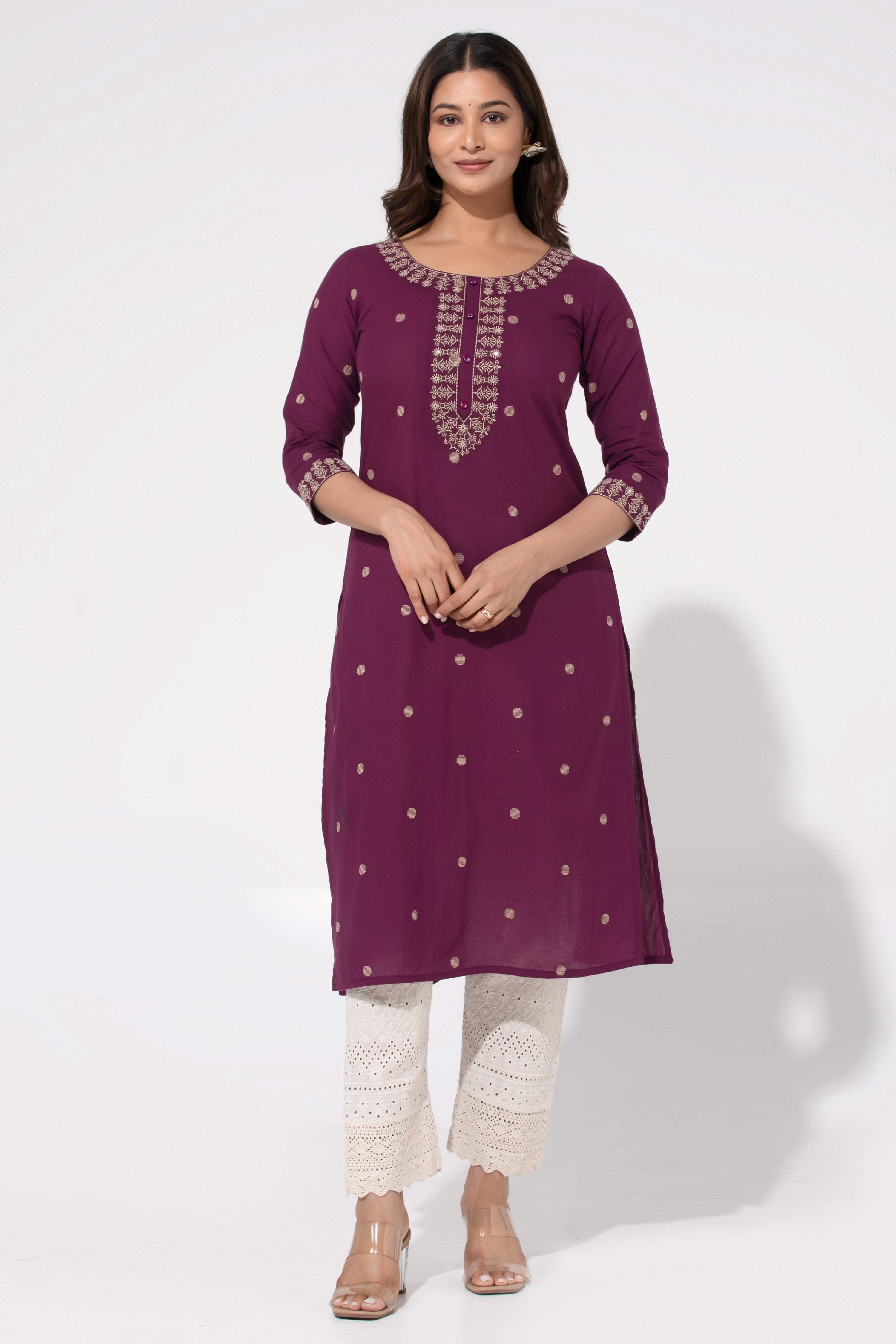 Purple Cotton Dobby Kurta with Foil Mirror Embroidery