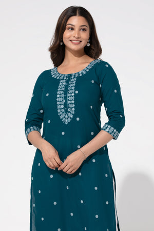 Turquoise Cotton Dobby Kurta with Foil Mirror Embroidery