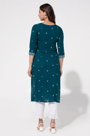 Turquoise Cotton Dobby Kurta with Foil Mirror Embroidery