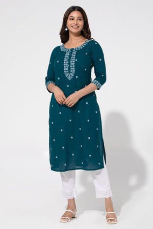 Turquoise Cotton Dobby Kurta with Foil Mirror Embroidery