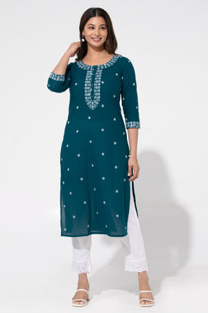 Turquoise Cotton Dobby Kurta with Foil Mirror Embroidery