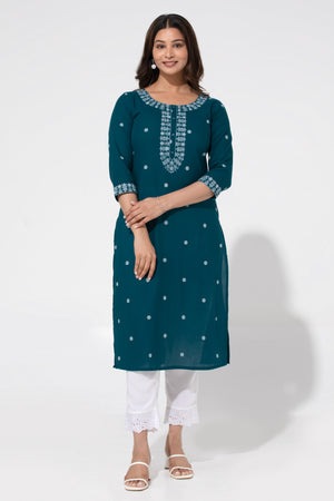 Turquoise Cotton Dobby Kurta with Foil Mirror Embroidery