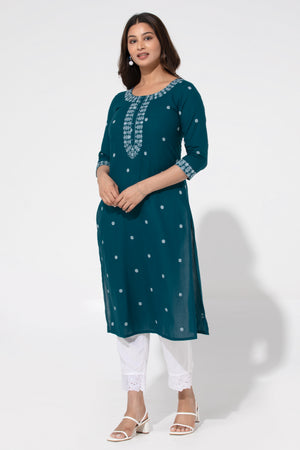 Turquoise Cotton Dobby Kurta with Foil Mirror Embroidery