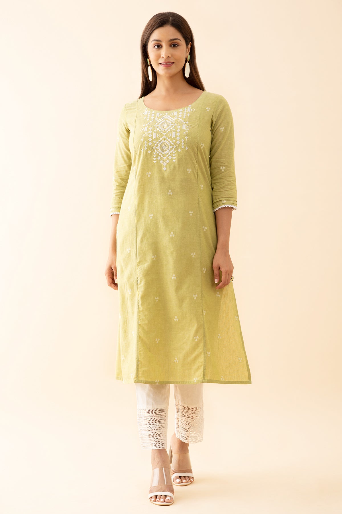 Dobby Weave Kurta with Embroidered Yoke Lace Embellished Sleeve hem Light Green