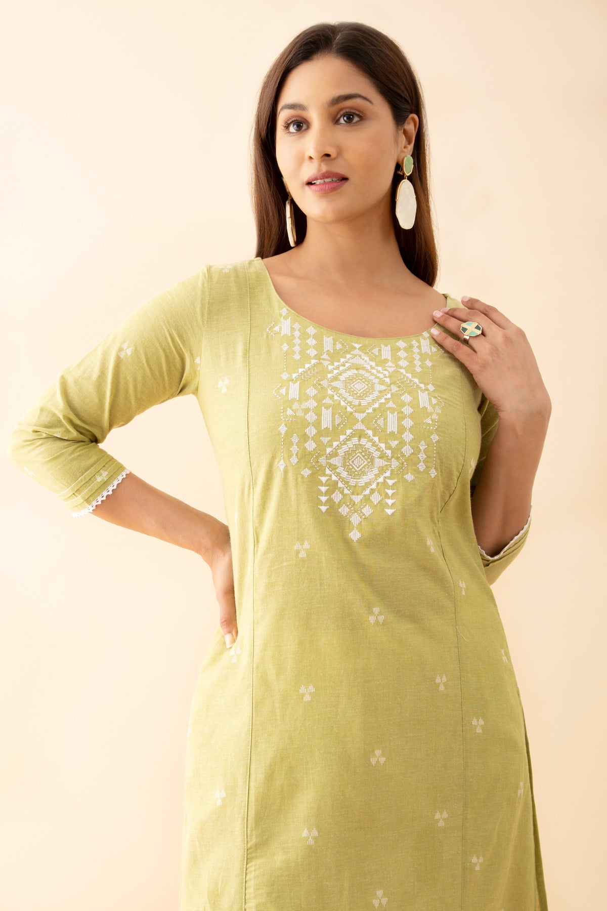 Dobby Weave Kurta with Embroidered Yoke Lace Embellished Sleeve hem Light Green