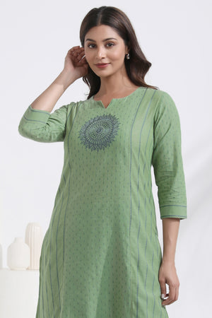 Mandala Embroidered Monochrome Green Dobby Weave Kurta