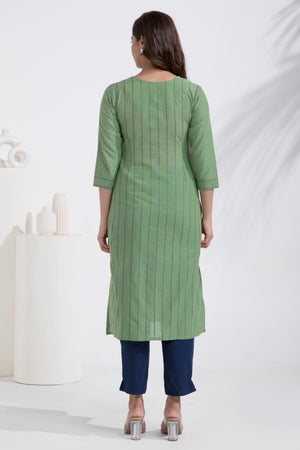 Mandala Embroidered Monochrome Green Dobby Weave Kurta