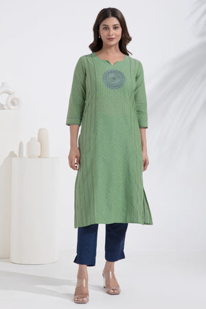 Mandala Embroidered Monochrome Green Dobby Weave Kurta