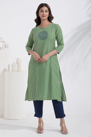 Mandala Embroidered Monochrome Green Dobby Weave Kurta