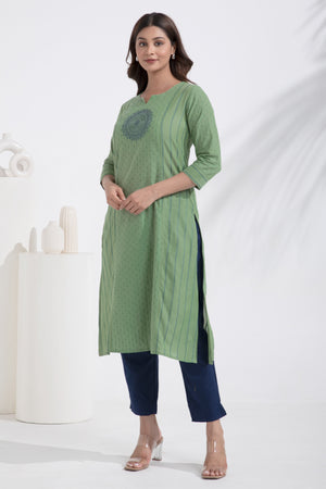 Mandala Embroidered Monochrome Green Dobby Weave Kurta