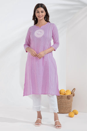 Mandala Embroidered Monochrome Lavendar Dobby Weave Kurta