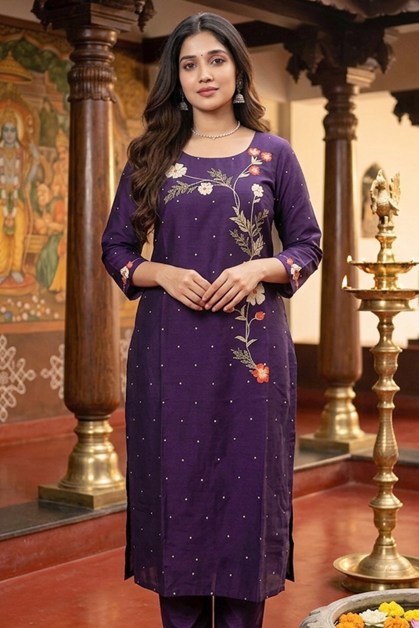 PURPLE KURTA WITH FLORAL EMBROIDERY