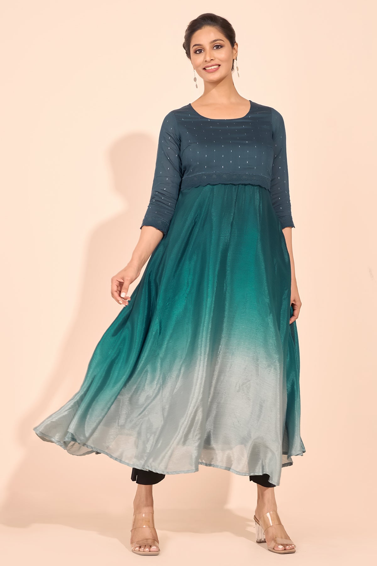 Ombre Dyed Lace Embellished Kurta - Teal Blue