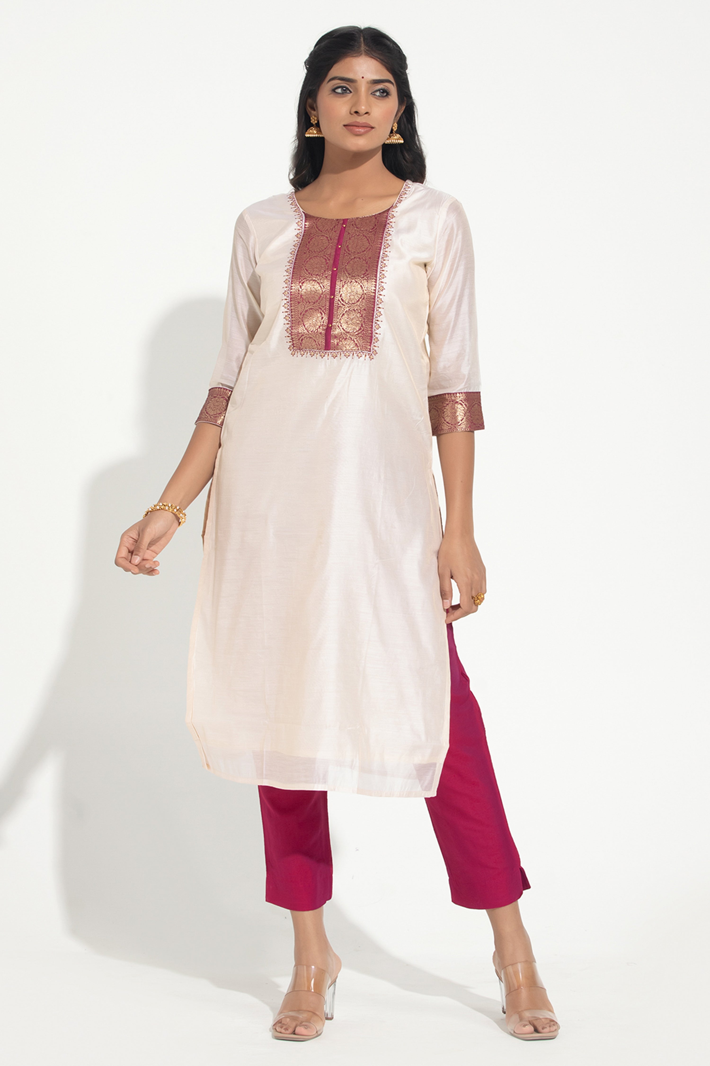 Zari Embellised Yoke Off -White Festive Kurta
