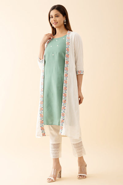 Floral Embroidered Kurta with Printed Jackets Green