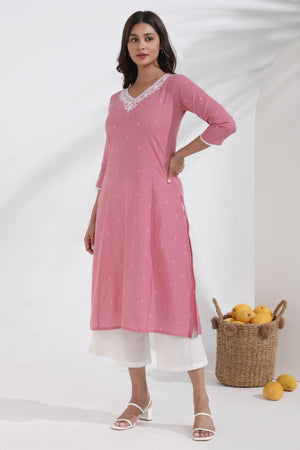 Floral Embroidered Pink Cotton Dobby Kurta